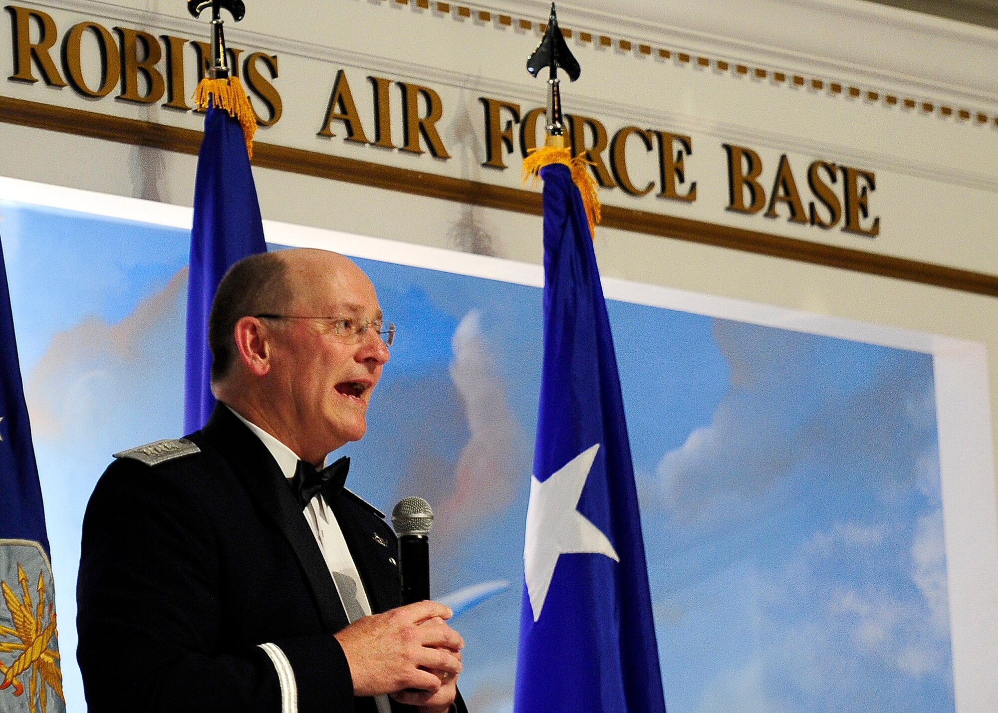 Former chief of Air Force Reserve Command, Lt. Gen. James F. Jackson, gives a speech during the Order of the Sword ceremony in his honor at the Museum of Aviation in Warner Robins, Ga., July 13, 2016. The Order of the Sword is an honor awarded by the NCOs of a command to recognize individuals they hold in high esteem and for their contributions to the enlisted corps. (U.S. Air Force photo by Tech. Sgt. Stephen D. Schester)