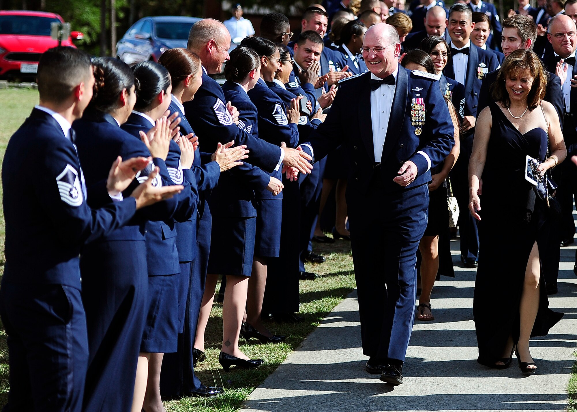 Former chief of Air Force Reserve Command, Lt. Gen. James F. Jackson, greets enlisted members before the Order of the Sword ceremony in his honor at the Museum of Aviation in Warner Robins, Ga., July 13, 2016. The Order of the Sword is an honor awarded by the NCOs of a command to recognize individuals they hold in high esteem and for their contributions to the enlisted corps. (U.S. Air Force photo by Tech. Sgt. Stephen D. Schester)