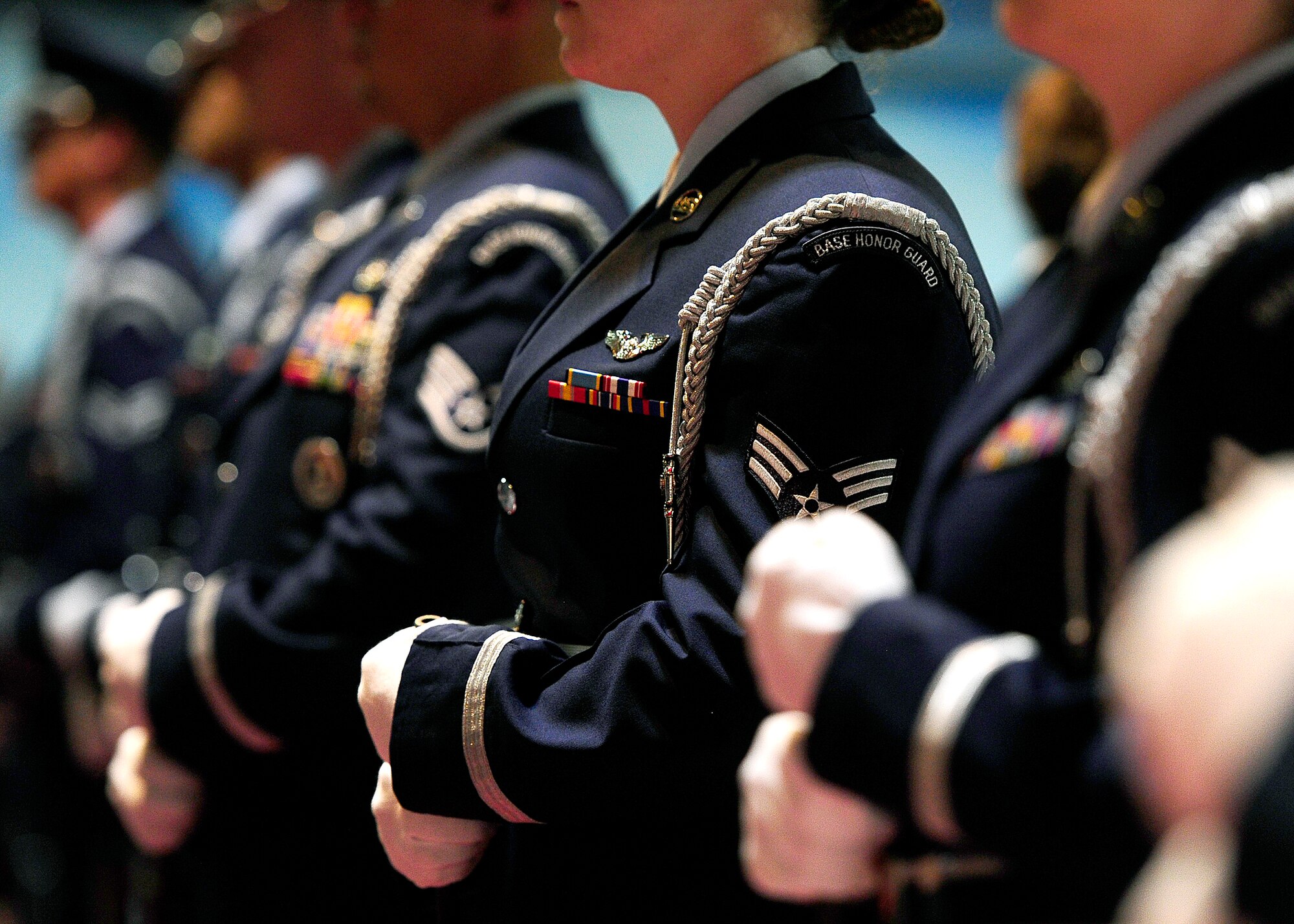 Former chief of Air Force Reserve Command, Lt. Gen. James F. Jackson and Chief Master Sgt. of the Mess Erica Kelly walk down the red carpet before the start of the Order of the Sword ceremony in his honor at the Museum of Aviation in Warner Robins, Ga., July 13, 2016. The Order of the Sword is an honor awarded by the NCOs of a command to recognize individuals they hold in high esteem and for their contributions to the enlisted corps. (U.S. Air Force photo by Tech. Sgt. Stephen D. Schester)