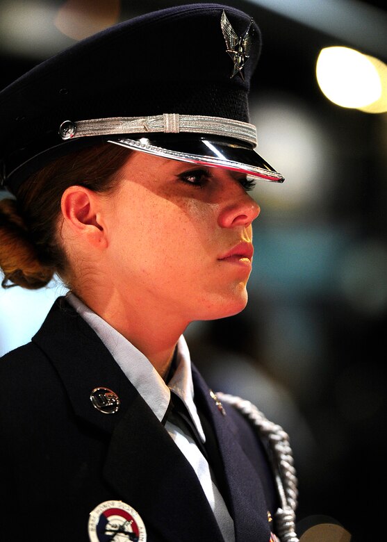 U.S. Air Force Senior Airman Jade Montoya of the Honor Guard stands by before the Order of the Sword ceremony at the Museum of Aviation in Warner Robins, Ga., July 13, 2016. The Order of the Sword is an honor awarded by the NCOs of a command to recognize individuals they hold in high esteem and for their contributions to the enlisted corps. (U.S. Air Force photo by Tech. Sgt. Stephen D. Schester)