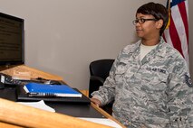 U.S. Air Force Reserve Tech. Reserve Sgt. Monica carter, a knowledge operations technician assigned to the 913th Maintenance Squadron, 913th Airlift Group, logs off a computer after a mission brief presentation at Little Rock Air Force Base, Ark., July 19, 2016. The 913 AG is a C-130J Super Hercules Air Force Reserve unit at Little Rock AFB, and is the only C-130 Classic Association unit in the Air Force. (U.S. Air Force photo by Master Sgt. Jeff Walston)  
