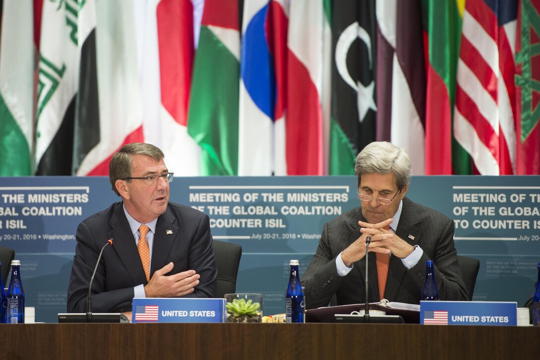 Defense Secretary Ash Carter, second from left, speaks to defense leaders as Secretary of State John F. Kerry, second from right, listens during a meeting of the coalition to counter the Islamic State of Iraq and the Levant in Washington, D.C., July 21, 2016. DoD photo by Air Force Tech. Sgt. Brigitte N. Brantley