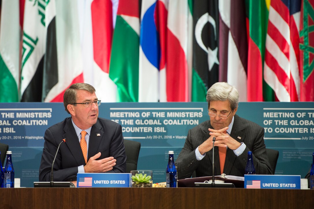 Defense Secretary Ash Carter, along with Secretary of State John Kerry, speaks during a joint session of counter-ISIL foreign and defense ministers in Washington, D.C., July 21, 2016. DoD photo by Air Force Tech. Sgt. Brigitte N. Brantley