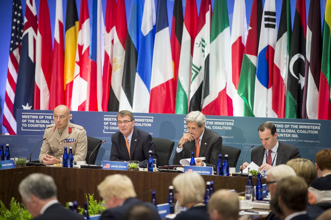 Defense Secretary Ash Carter, second from left, addresses defense ministers and senior leaders as Secretary of State John F. Kerry, second from right, listens during a meeting of the coalition to counter the Islamic State of Iraq and the Levant in Washington, D.C., July 21, 2016. DoD photo by Air Force Tech. Sgt. Brigitte N. Brantley