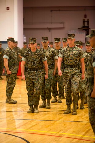 U.S. Marines assemble to formation during the 6th Marine Regiment Change of Command Ceremony on Camp Lejeune, N.C., May 3, 2016. U.S. Marine Corps Col. Calvert Worth, off going commanding officer, 6th Marine Regiment, 2nd Marine Division (2D MARDIV), relinquished command to Col. Matthew S. Reid, on coming commanding officer. (U.S. Marine Corps photo by Cpl. Alexander Hill, 2D MARDIV Combat Camera/Released)