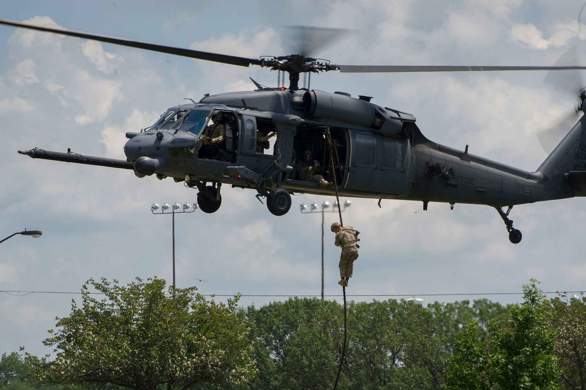 Airmen from the New York Air National Guard's 106th Rescue Wing conduct a combat search and rescue mission as Secretary of Defense Ash Carter hosts the ministers of defense and other senior leaders from nations of the counter-ISIL coalition and ]NATO during a Counter ISIL Defense Ministerial to discuss the ongoing military campaign against ISIL at the Gen. Jacob E. Smart Conference Center on Joint Base Andrews, Md., July 20 2016. (Photo by U.S. Air Force Senior Master Sgt. Adrian Cadiz)(Released)