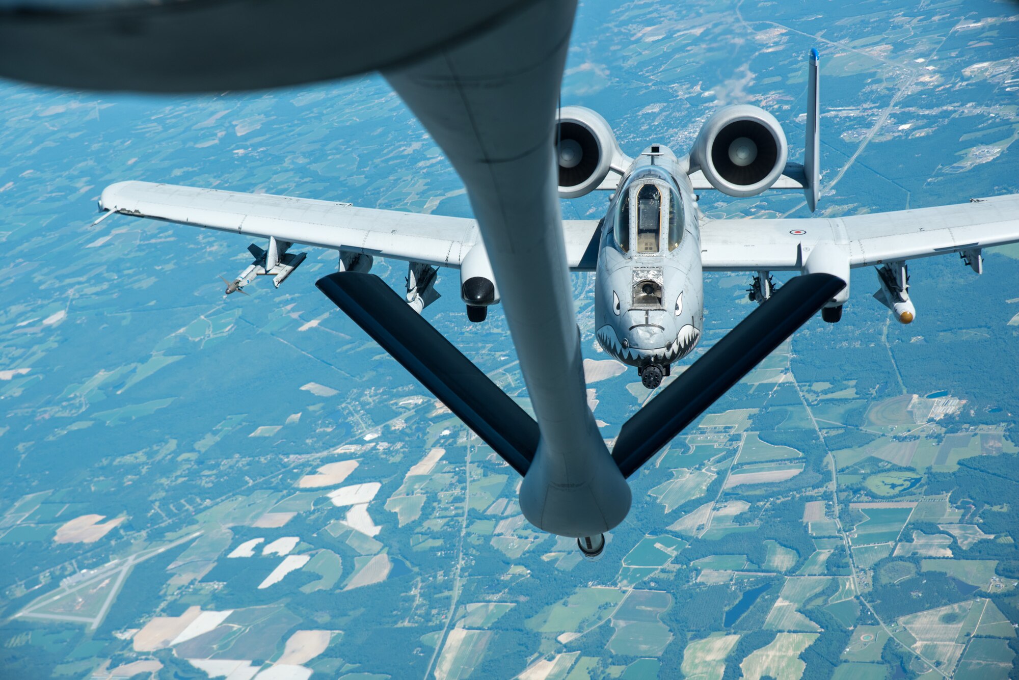 An A-10C from the 476th Fighter Group at Moody AFB, Ga approaches the boom from a KC-135 Stratotanker during refueling operations over Georgia on July 14 2016. (U.S. Air Force photo by Master Sgt. Eric J. Amidon)