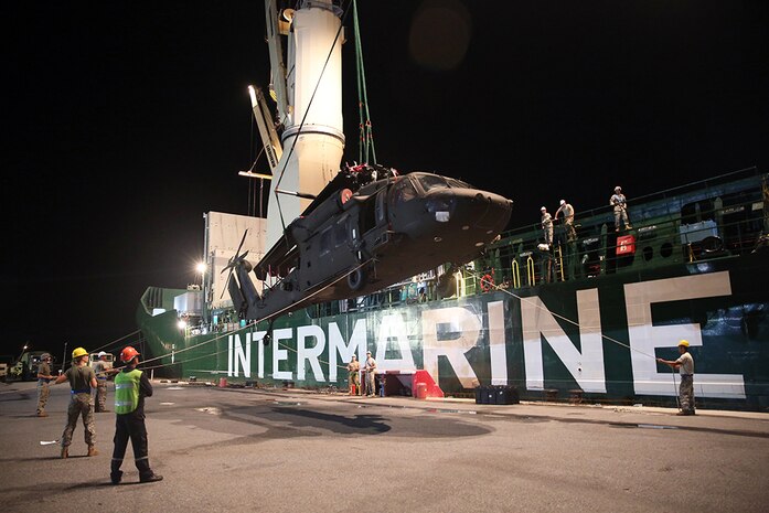 - A UH-60 helicopter is raised portside of the general purpose, heavy lift ship MV OCEAN GLORY during a backload of equipment at Chuk Samet, here, from exercise Hanuman Guardian, July 12. Military Sealift Command’s contracted voyage-charter MV OCEAN GLORY recently conducted a backload of about 250 items in Thailand as part of U.S. Army Pacific’s mobility operation PACIFIC PATHWAYS 16-2. 