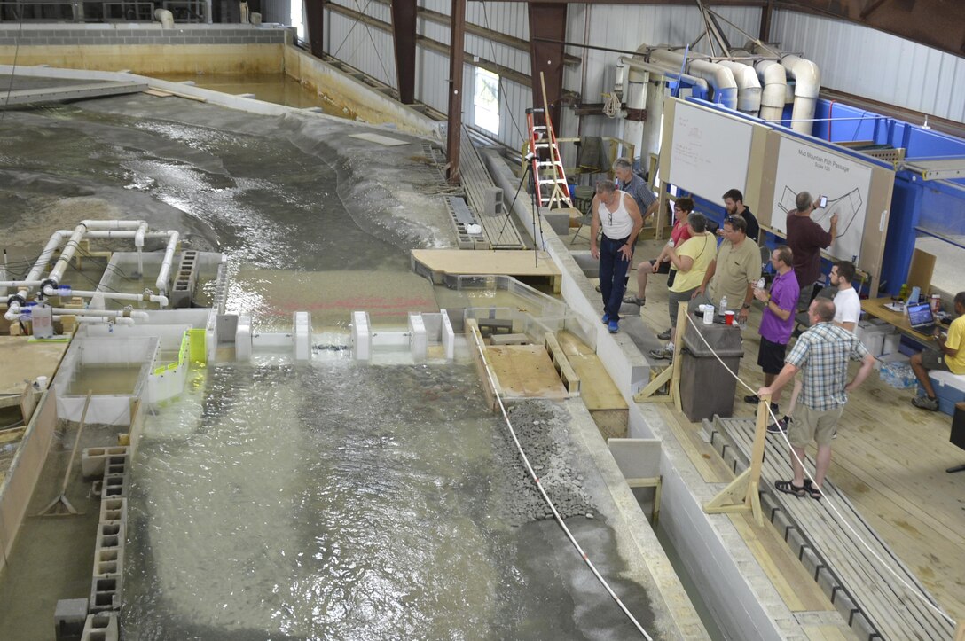 Technical staff from Seattle, Portland and Walla Walla Districts, the National Marine Fisheries Service and other partners were at the Engineering, Research & Development Center in July to test the latest Mud Mountain Dam fish barrier and fishway design. New facilities are scheduled to be in place by the end of 2020, subject to the availability of funds.
