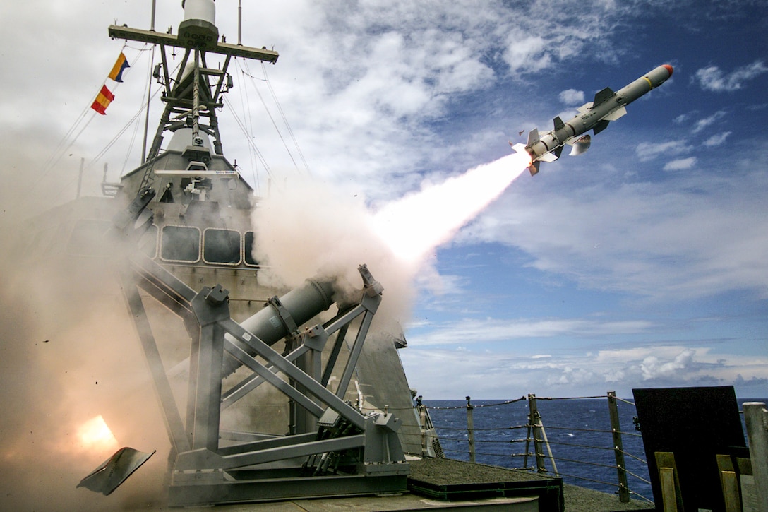 The USS Coronado launches the first over-the-horizon missile using a Harpoon Block 1C missile during Rim of the Pacific 2016 in the Pacific Ocean, July 19, 2016. The exercise engages 26 nations, 40 ships and submarines, more than 200 aircraft and 25,000 personnel. Navy photo by Lt. Bryce Hadley