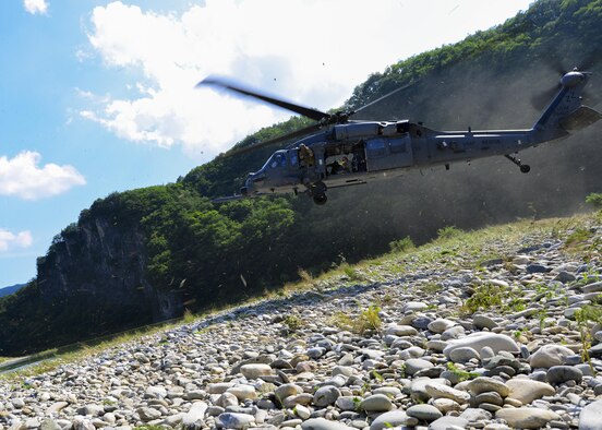 An Air Force HH-60 Pave Hawk approaches for landing during a combat search and rescue training mission in the Republic of Korea, July 19, 2016. The crew and helicopter are both assigned to the 33rd Rescue Squadron from Kadena Air Base, Japan, and were deployed to the Republic of Korea for Exercise Pacific Thunder 16-2, a two-week long training event that combines U.S. and Republic of Korea forces to enhance interoperability for combat search and rescue missions across the Korean peninsula. (U.S. Air Force photo by Senior Airman Victor J. Caputo/Released)