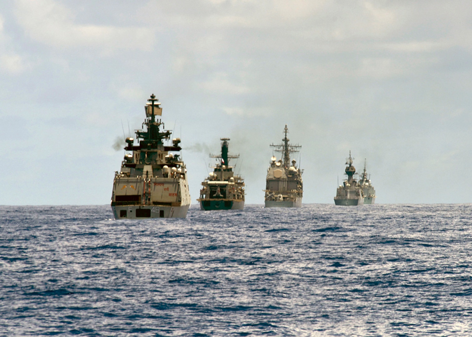 (July 18, 2016) - The HMAS Ballarat (FFH 155), USS Mobile Bay (CG 53), CNS Cochrane (FF 05) INS Satpura (F48), HMCS Calgary (FFH 335), and USS Shoup (DDG 35) steam in formation in preparation for a live fire exercise during Rim of the Pacific 2016. Twenty-six nations, more than 40 ships and submarines, more than 200 aircraft and 25,000 personnel are participating in RIMPAC from June 30 to Aug. 4, in and around the Hawaiian Islands and Southern California.  The world's largest international maritime exercise, RIMPAC provides a unique training opportunity that helps participants foster and sustain the cooperative relationships that are critical to ensuring the safety of sea lanes and security on the world's oceans. RIMPAC 2016 is the 25th exercise in the series that began in 1971. 
