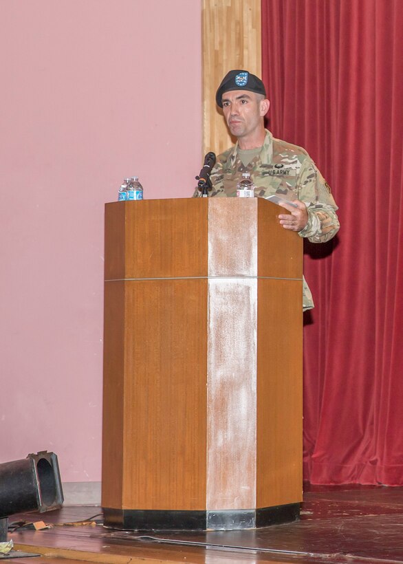 New District Commander Col. Rafael F. Pazos delivers remarks during the U.S. Army Corps of Engineers, Japan District Change of Command Ceremony, July 8. 