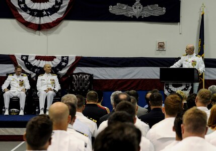 Capt. David A. Lott addresses invited guests as the new commander of the Naval Nuclear Power Training Unit Charleston July 15, 2016, in the Bowman Center at Joint Base Charleston – Weapons Station, S.C. Lott is coming from the Office of Assistant Secretary of Defense for Nuclear, Chemical and Biological Defense Programs in Washington D.C, where he served as the Office for Countering Nuclear Threats director. (U.S. Air Force photo/Airman 1st Class Kevin West)