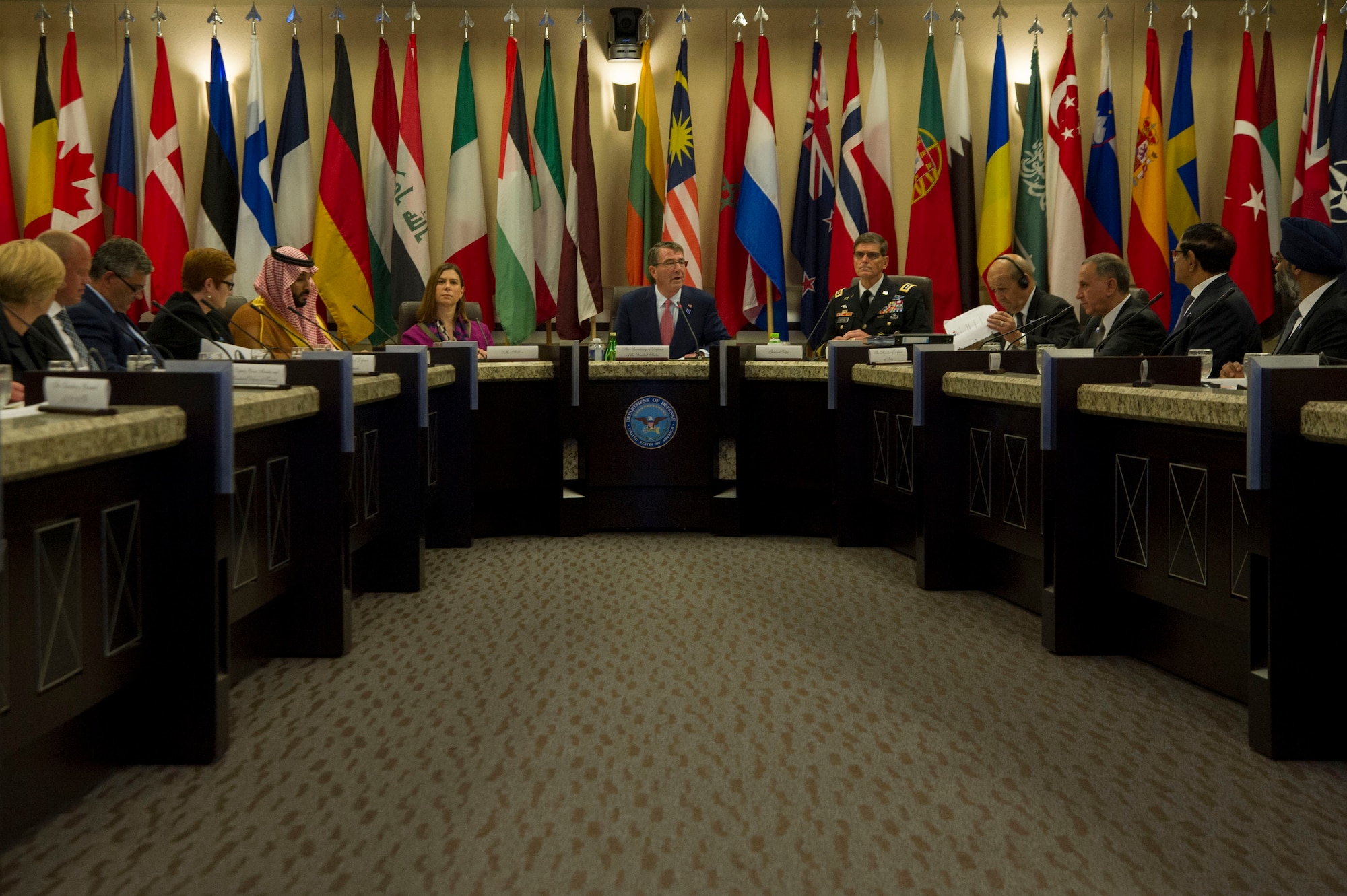 Secretary of Defense Ash Carter delivers remarks as he hosts the ministers of defense and other senior leaders from nations of the counter-ISIL coalition and from NATO to discuss the ongoing military campaign against ISIL at the Gen. Jacob E. Smart Conference Center on Joint Base Andrews, Md., July 20 2016. (Photo by U.S. Air Force Senior Master Sgt. Adrian Cadiz)(Released)