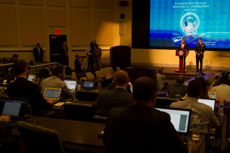Secretary of Defense Ash Carter and General Joseph L. Votel, Commander of United States Central Command speak with reporters as they conduct a press conference after hosting the ministers of defense and other senior leaders from nations of the counter-ISIL coalition and NATO to discuss the ongoing military campaign against ISIL at the Gen. Jacob E. Smart Conference Center on Joint Base Andrews, Md., July 20 2016. (Photo by U.S. Air Force Senior Master Sgt. Adrian Cadiz)(Released)