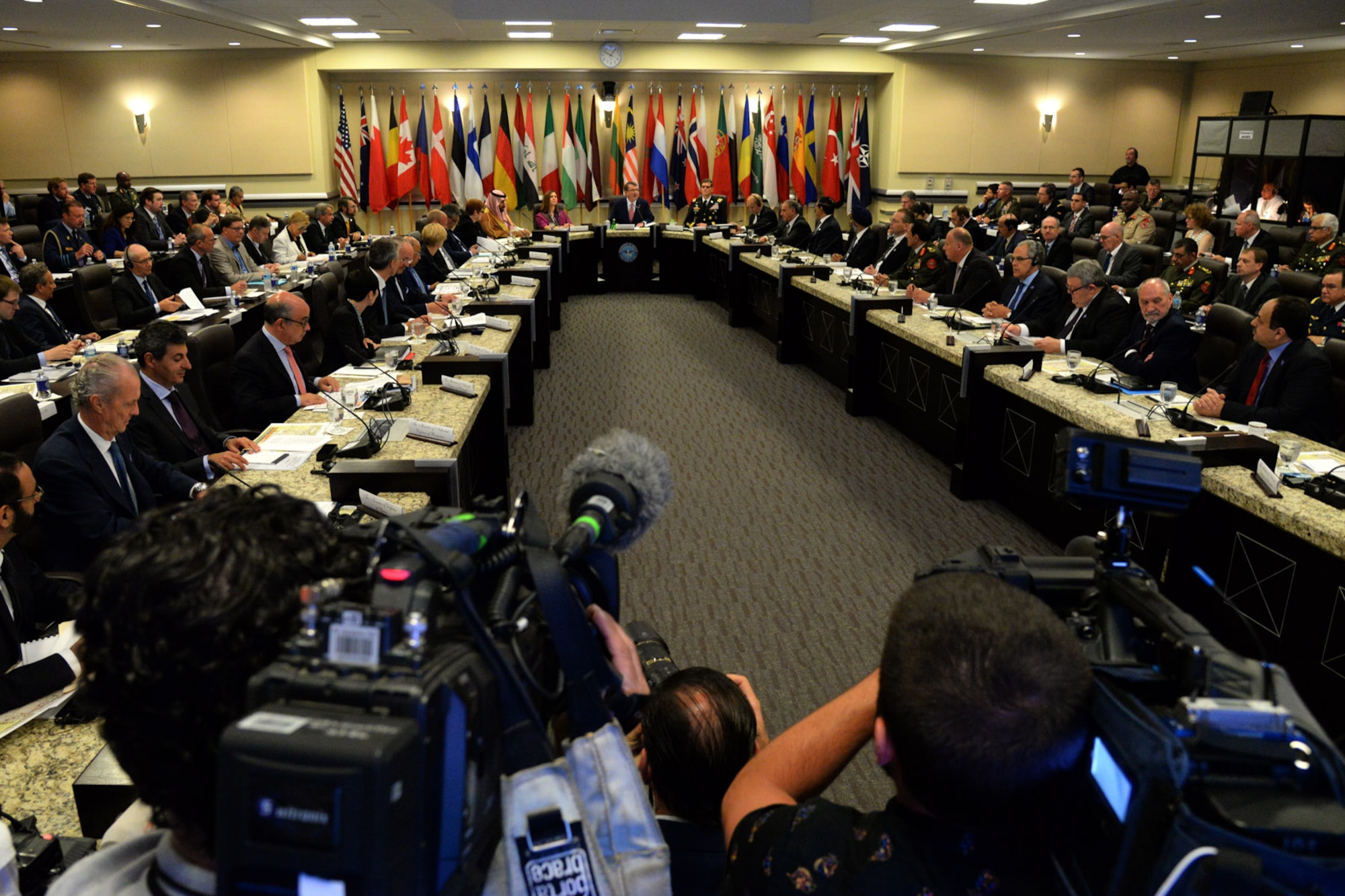 Secretary of Defense Ash Carter delivers remarks as he hosts the ministers of defense and other senior leaders from nations of the counter-ISIL coalition and from NATO to discuss the ongoing military campaign against ISIL at the Gen. Jacob E. Smart Conference Center on Joint Base Andrews, Md., July 20 2016. (Photo by U.S. Air Force Tech. Sgt. Matt Davis)(Released)