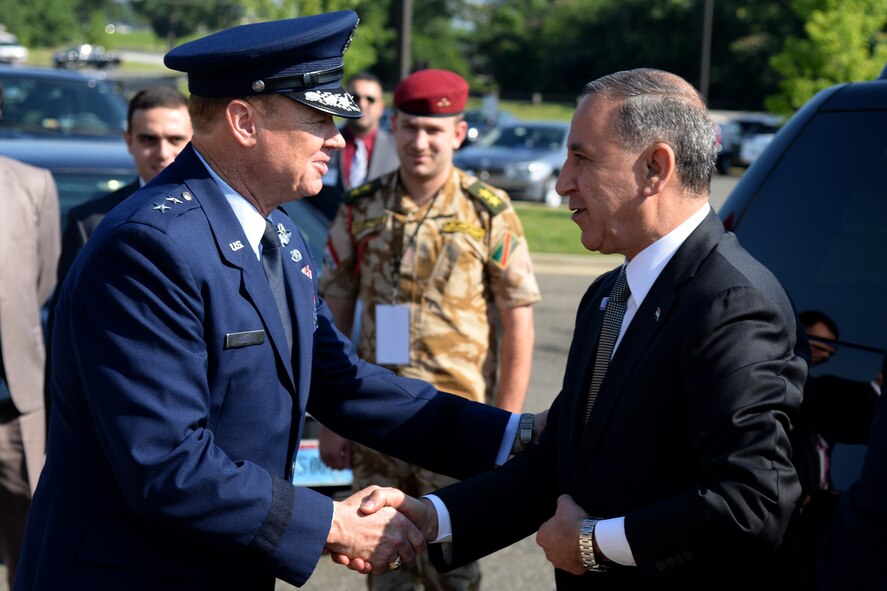 Air Force District of Washington Commander Maj. Gen. Darryl Burke greets and walks with Iraq's Defense Minister Khalid Yassin al-Obeidi as he arrives at the Gen. Jacob E. Smart Conference Center on Joint Base Andrews, Md., to attend the Counter ISIL Defense Ministerial to discuss the ongoing military campaign against ISIL with ministers of defense and other senior leaders from nations of the counter-ISIL coalition July 20 2016. (Photo by U.S. Air Force Tech. Sgt. Matt Davis)(Released)