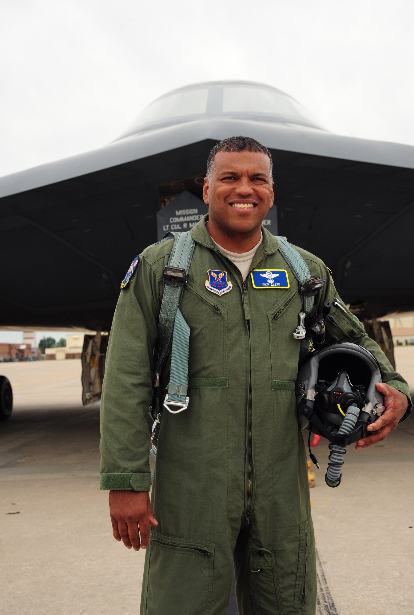 U.S. Air Force Maj. Gen. Richard M. Clark, the 8th Air Force commander, poses in front of a B-2 Spirit at Whiteman Air Force Base, Mo., July 14, 2016. During his visit to Whiteman, Clark experienced his first flight in a B-2 Spirit. (U.S. Air Force photo by Senior Airman Joel Pfiester)