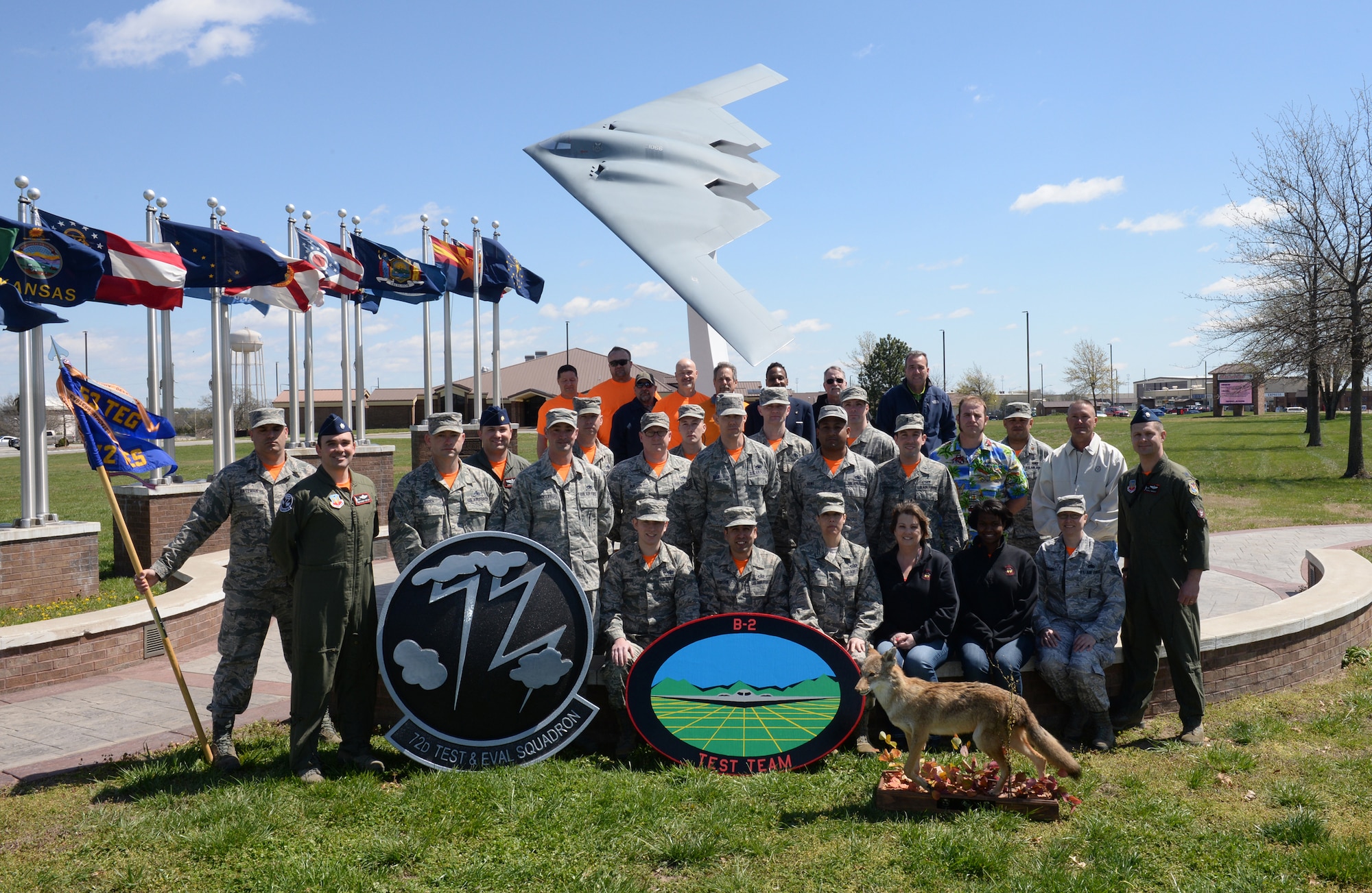 Members of the 72nd Test and Evaluation Squadron (TES) pose for a group photo at Whiteman Air Force Base, Mo., April 8, 2016. The 72nd TES executes independent tests and evaluations of the B-2 Spirit and report the effectiveness and suitability of the B-2 weapons system in an operationally realistic environment. (U.S. Air Force photo by Senior Airman Sandra Marrero)