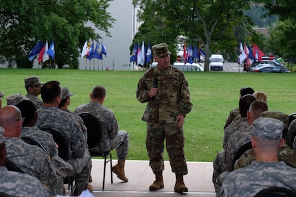 The U.S. Army Reserve Interim Senior Enlisted Leader and Command Sergeant Major of the Army Reserve Command Sgt. Maj. James Wills answers questions from 7th Mission Support Command Soldiers, during his town hall on NCO Field, July 9, 2016, after the 7th MSC Change of Command ceremony earlier in the day. 
