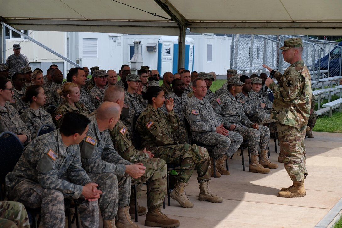 The U.S. Army Reserve Interim Senior Enlisted Leader and Command Sergeant Major of the Army Reserve Command Sgt. Maj. James Wills answers questions from 7th Mission Support Command Soldiers, during his town hall on NCO Field, July 9, 2016, after the 7th MSC Change of Command ceremony earlier in the day. 