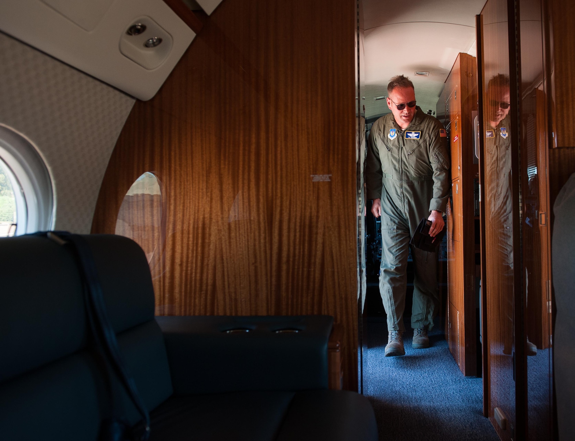 Brig. Gen. Jon T. Thomas, 86th Airlift Wing commander, exits a C-37A during his final flight July 19, 2016, at Ramstein Air Base, Germany. The “fini flight” is part of a tradition for flyers dating back to World War II, where they fly aircraft they’ve come to know for one last time as they prepare to move to their next assignment. (U.S. Air force photo/Airman 1st Class Lane T. Plummer)