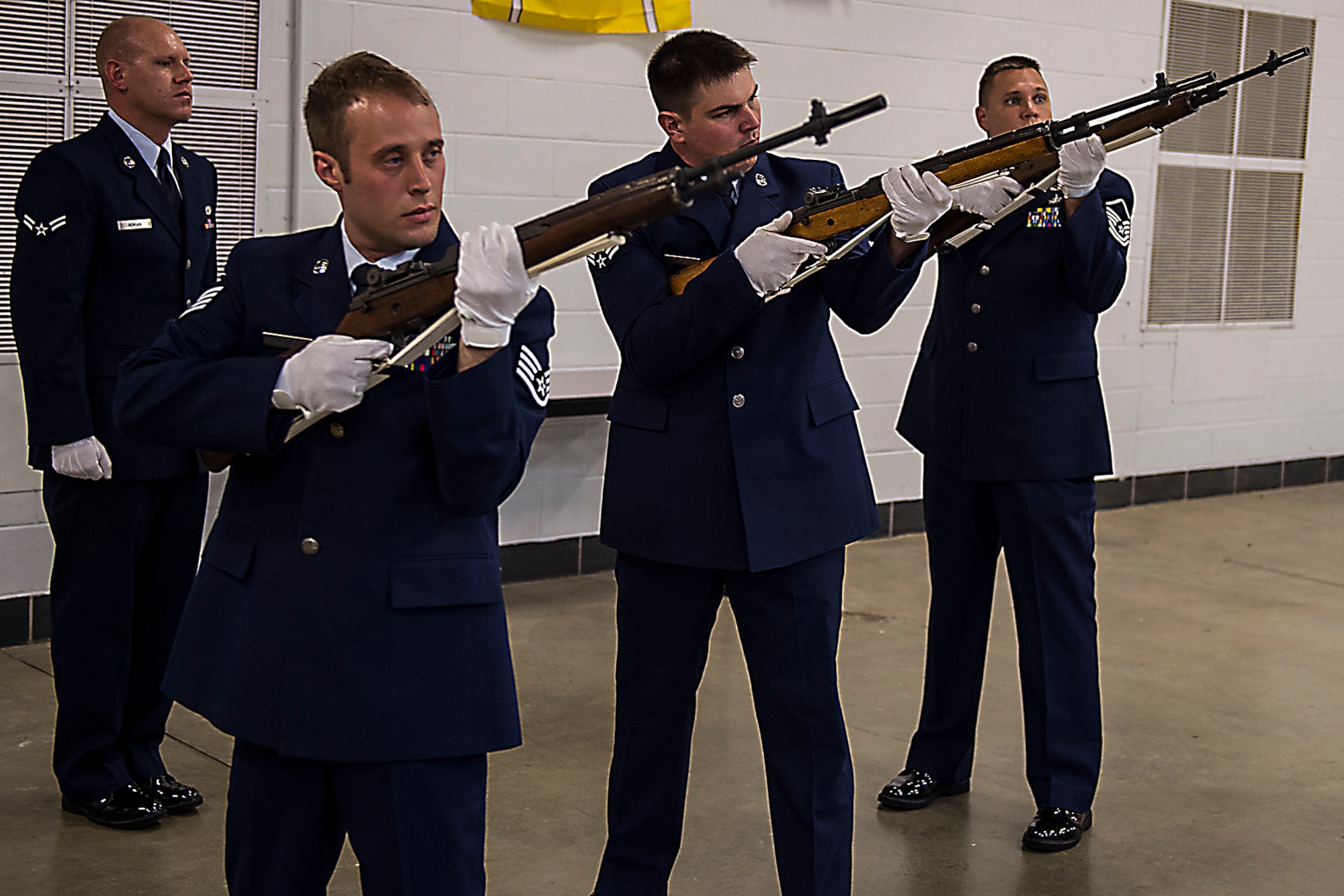 New members of Grissom’s Honor Guard demonstrate proper use of the M14 Rifle during their Honor Guard graduation ceremony July 15, 2016 at Grissom Air Reserve Base, Ind. During the ceremony the graduates demonstrate the skills they perfected during the training course. (U.S. Air Force photo/Senior Airman Dakota Bergl) 