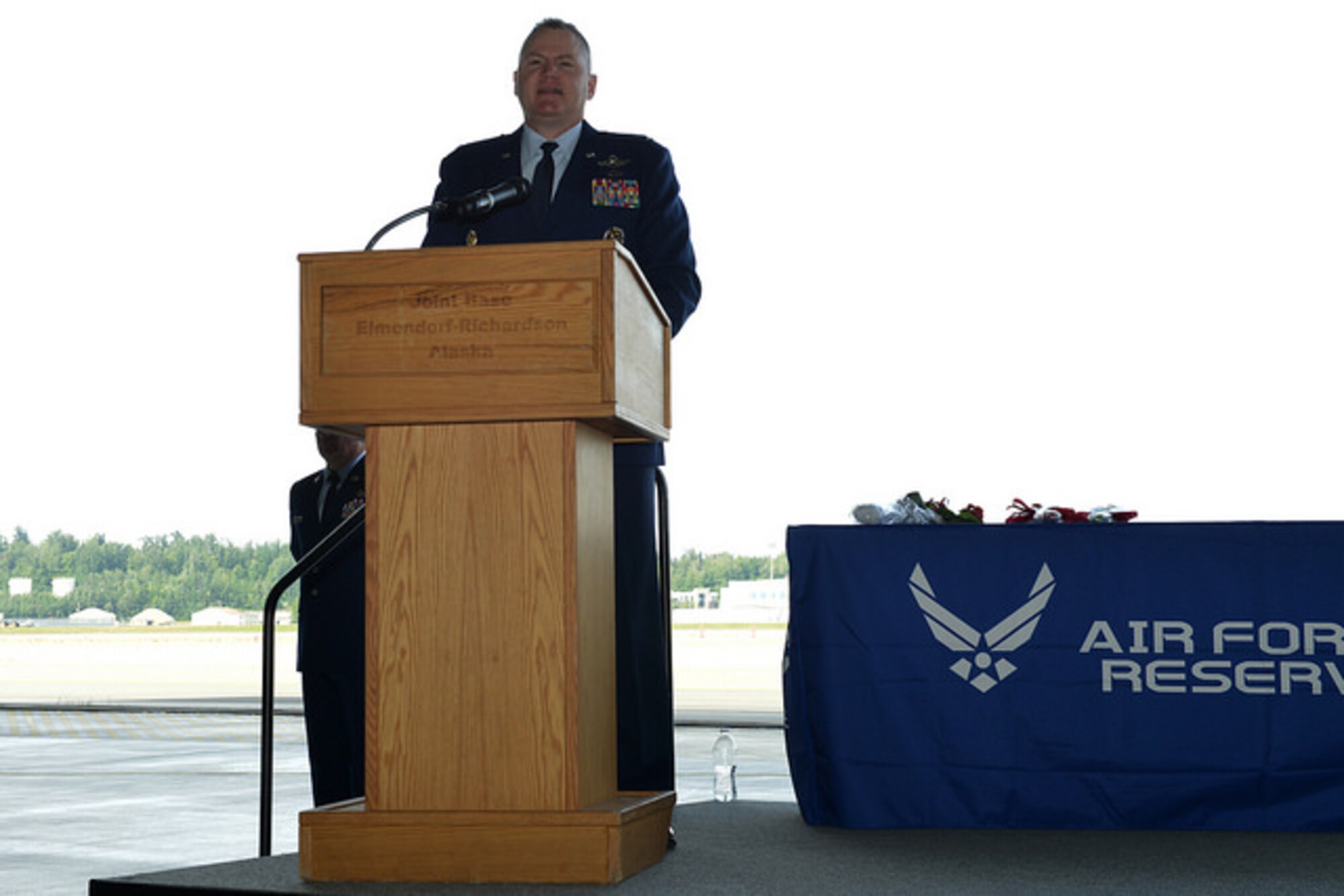Air Force Col. David Piffarerio relinquished command of the 477th Fighter Group to Air Force Col. Christopher Ogren during a change of command ceremony at Joint Base Elmendorf-Richardson, Alaska, July 10, 2016. The 477th Fighter Group is Alaska’s only Air Force Reserve unit, and Air Force Reserve Command's first F-22 associate unit.