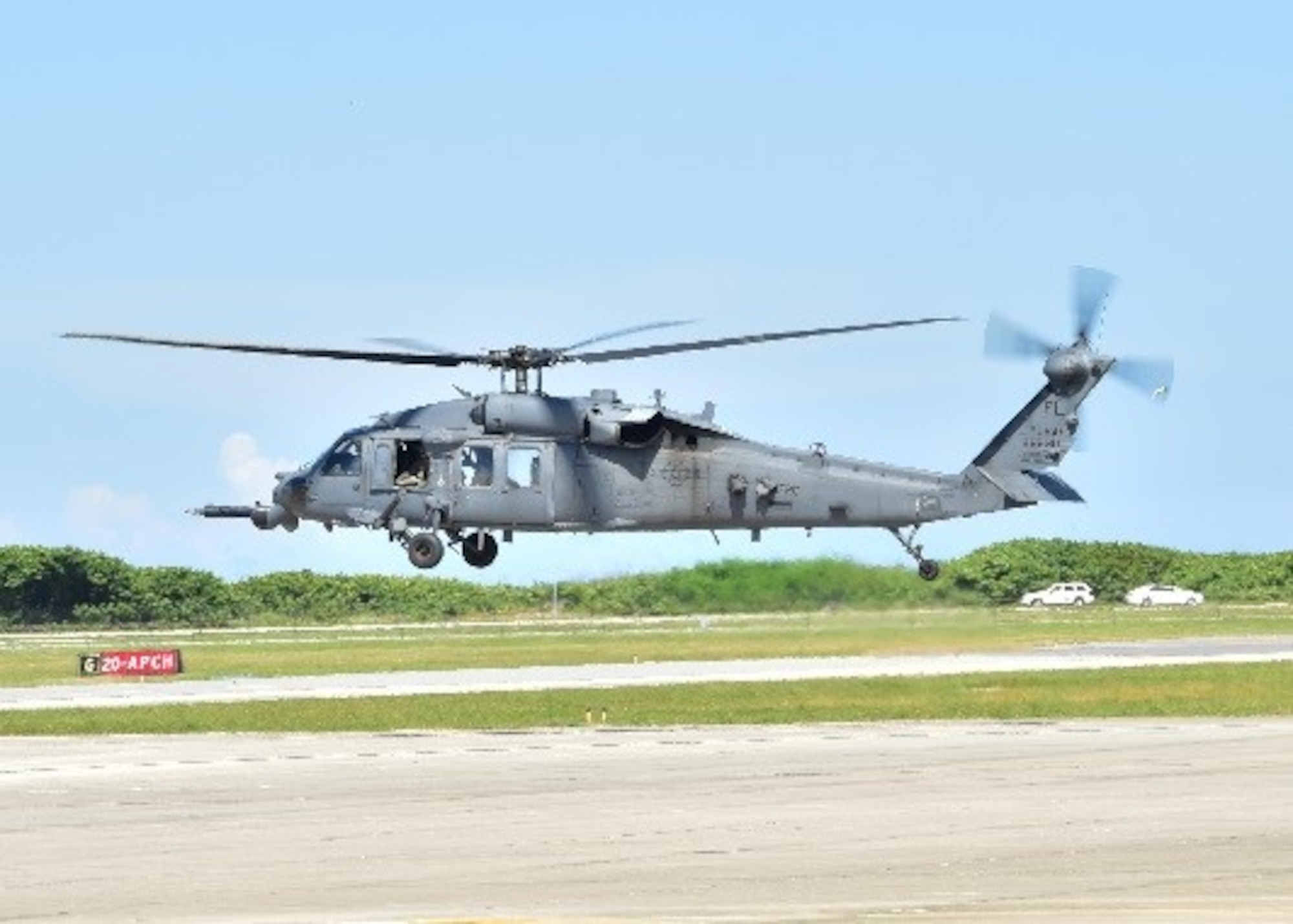 An HH-60G Pave Hawk helicopter prepares to land July 15 at Patrick Air Force Base, Fla. Citizen Airmen with the 924th Fighter Group, Davis-Monthan Air Force Base, Ariz. and the 920th Rescue Wing at Patrick AFB, are training together to perfect skills needed during combat.
