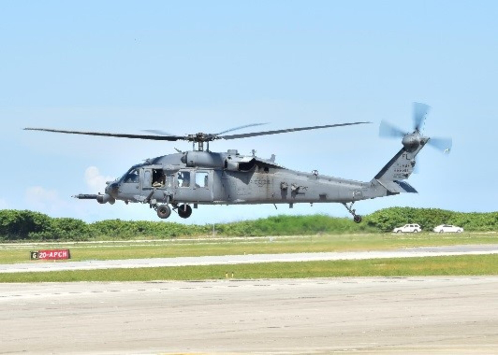 An HH-60G Pave Hawk helicopter prepares to land July 15 at Patrick Air Force Base, Fla. Citizen Airmen with the 924th Fighter Group, Davis-Monthan Air Force Base, Ariz. and the 920th Rescue Wing at Patrick AFB, are training together to perfect skills needed during combat.