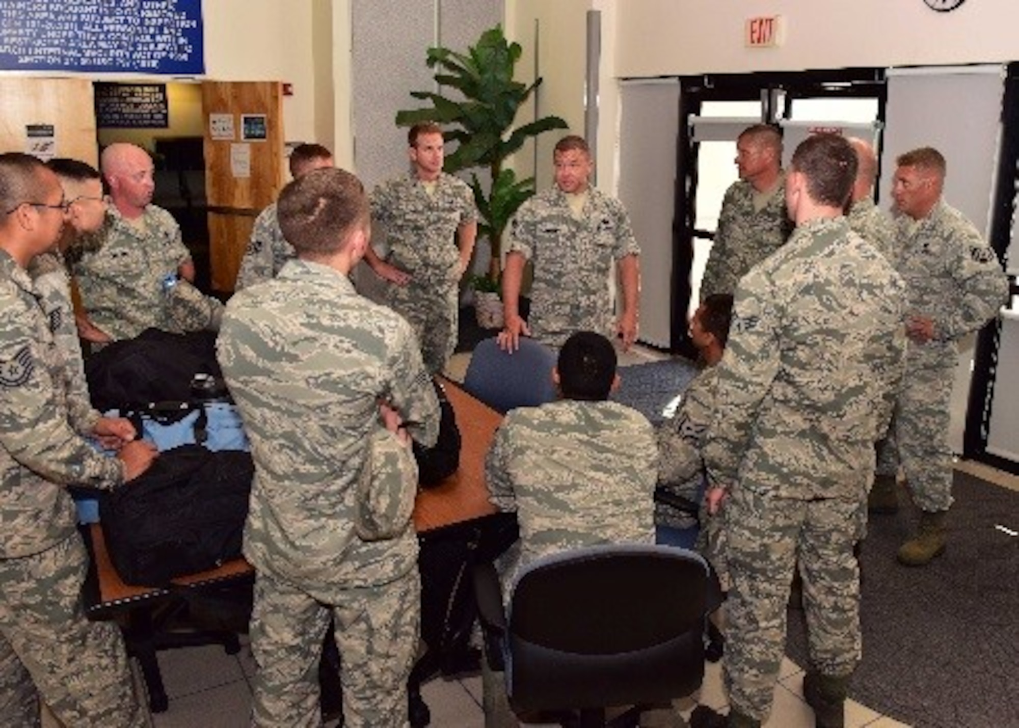 Chief Master Sgt. Jamie Cornelia, 924th Maintenance Squadron, talks to newly arriving Airmen from Davis-Monthan Air Force Base, Ariz. to Patrick Air Force Base, Fla., July 14 about scheduled events during their deployment. Citizen Airmen with the 924th Fighter Group, Davis-Monthan AFB and the 920th Rescue Wing at Patrick AFB, are training together to perfect skills needed during combat.