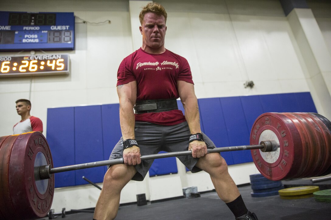 Sgt. Ryan King, section chief, K Battery, 3rd Battalion, 11th Marine Regiment, conducts a deadlift and the Marine Corps Air Ground Combat Center, Twentynine Palms, Calif., July 14, 2016. (Official Marine Corps photo by Lance Cpl. Levi
