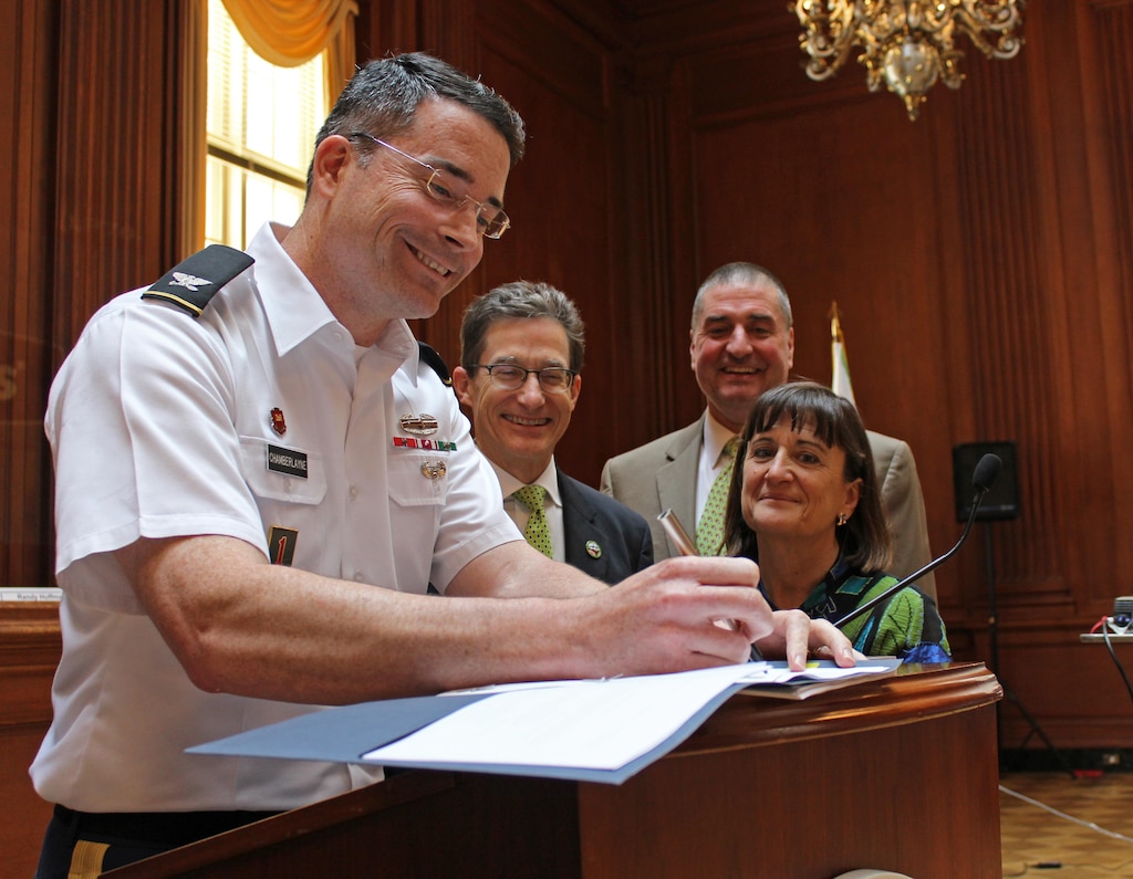 Col. Ed Chamberlayne, commander, U.S. Army Corps of Engineers, Baltimore District, signed a symbolic Watershed Assessment Cost-Sharing Agreement with the National Fish and Wildlife Foundation (NFWF) to begin work on the Chesapeake Bay Comprehensive Water Resources and Restoration Plan (Comp plan) during a Chesapeake Bay Program Principals’ Staff Committee meeting at the U.S. Environmental Protection Agency (EPA) Headquarters in Washington, May 26, 2016. The final cost-sharing agreement document was officially signed on July 22, 2016.

Chamberlayne is a member of the Principals' Staff Committee, which acts as the policy advisors to the Chesapeake Bay Executive Council. EPA is the federal lead for the committee. 