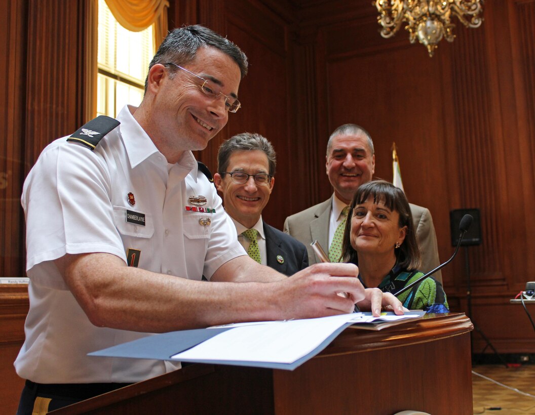 Col. Ed Chamberlayne, commander, U.S. Army Corps of Engineers, Baltimore District, signed a symbolic Watershed Assessment Cost-Sharing Agreement with the National Fish and Wildlife Foundation (NFWF) to begin work on the Chesapeake Bay Comprehensive Water Resources and Restoration Plan (Comp plan) during a Chesapeake Bay Program Principals’ Staff Committee meeting at the U.S. Environmental Protection Agency (EPA) Headquarters in Washington, May 26, 2016. The final cost-sharing agreement document was officially signed on July 22, 2016.

Chamberlayne is a member of the Principals' Staff Committee, which acts as the policy advisors to the Chesapeake Bay Executive Council. EPA is the federal lead for the committee. 