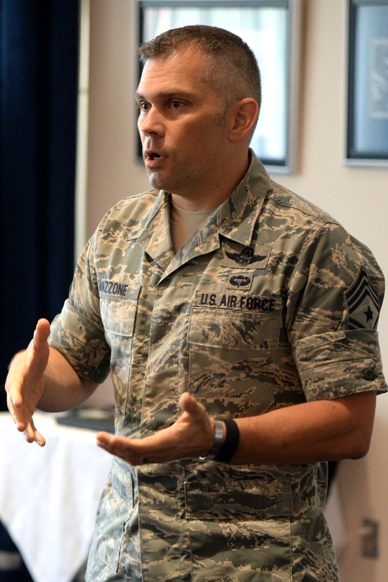 Air Force District of Washington Command Chief Master Sgt. Tommy Mazzone speaks to attendees during the first ever AFDW First Sergeant Conference at Joint Base Anacostia-Bolling July 18, 2016. The event provided an opportunity for enlisted leadership and first sergeants from across the National Capital Region to discuss the needs of Airman. (U.S. Air Force photo/Tech. Sgt. Matt Davis)
