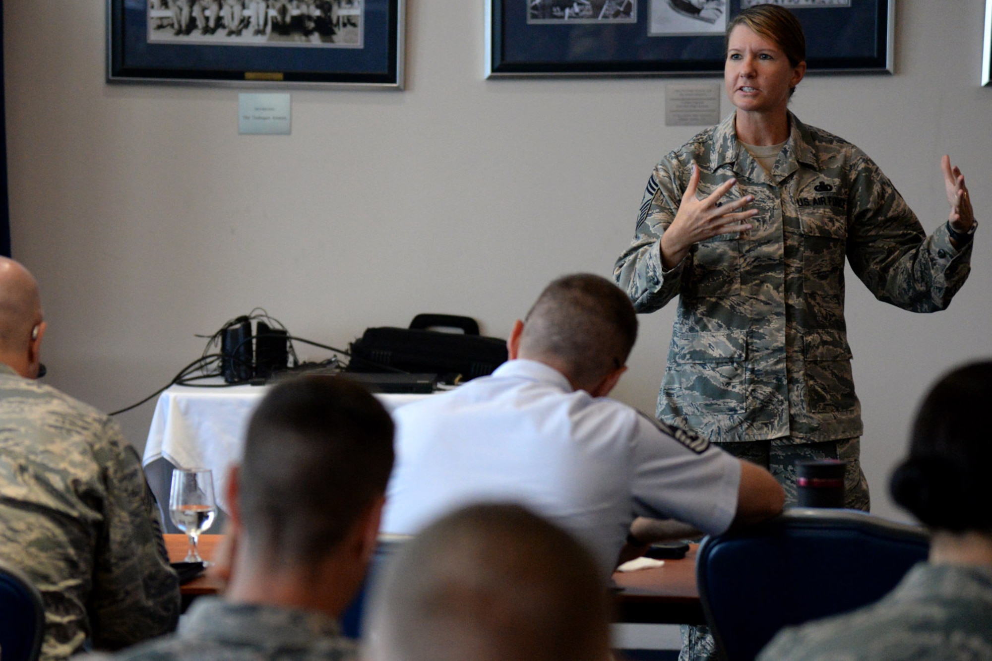 11th Wing Command Chief Master Sgt. Beth Topa speaks to attendees during the first ever AFDW First Sergeant Conference at Joint Base Anacostia-Bolling July 18, 2016. The event provided an opportunity for enlisted leadership and first sergeants from across the National Capital Region to discuss the needs of Airman. (U.S. Air Force photo/Tech. Sgt. Matt Davis)