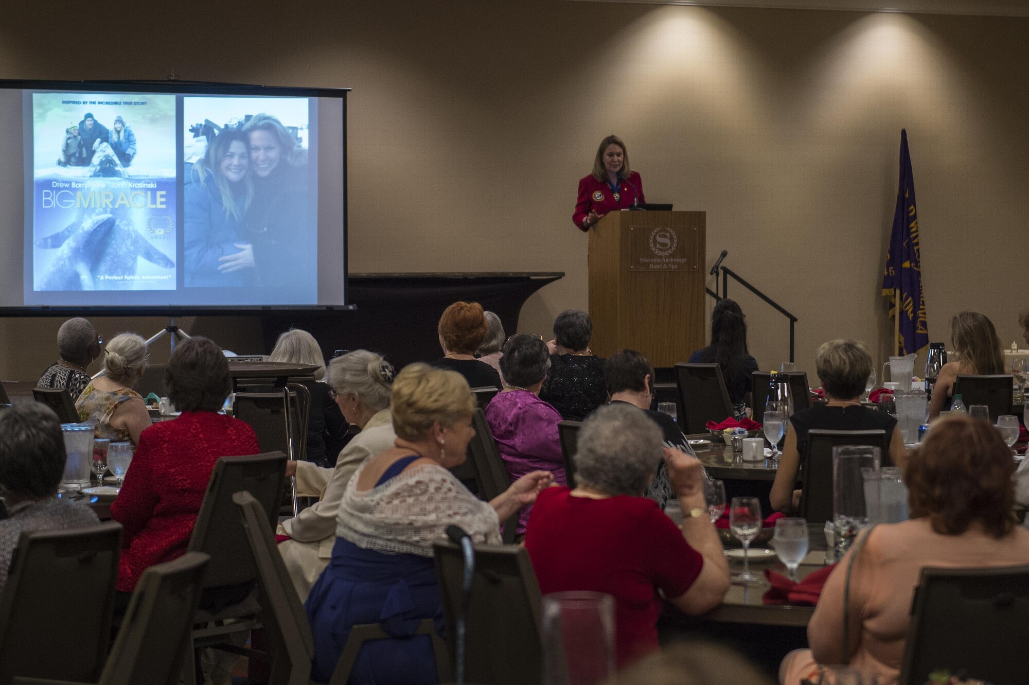 Bonnie Carrol Gold Star wife, 2015 recipient of the Presidential Medal of Freedom and founder of T.A.P.S. speaks as the keynote speaker at the Gold Star Wives of America Installation and Closing Ceremony Dinner, July 16, 2016 Anchorage, Alaska.  The dinner was apart of the Gold Star Wives of America's 71st National Convention hosted this year in Anchorage, Alaska. 