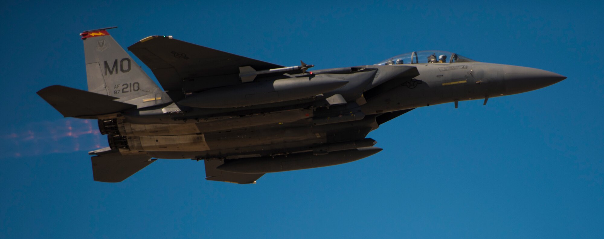An F-15E Strike Eagle participates in Gunfighter Flag at Mountain Home Air Force Base, Idaho, July 19, 2016. The F-15E is a long range multi-role fighter capable of engaging both air and ground targets. (U.S. Air Force photo by Airman Alaysia Berry/Released)