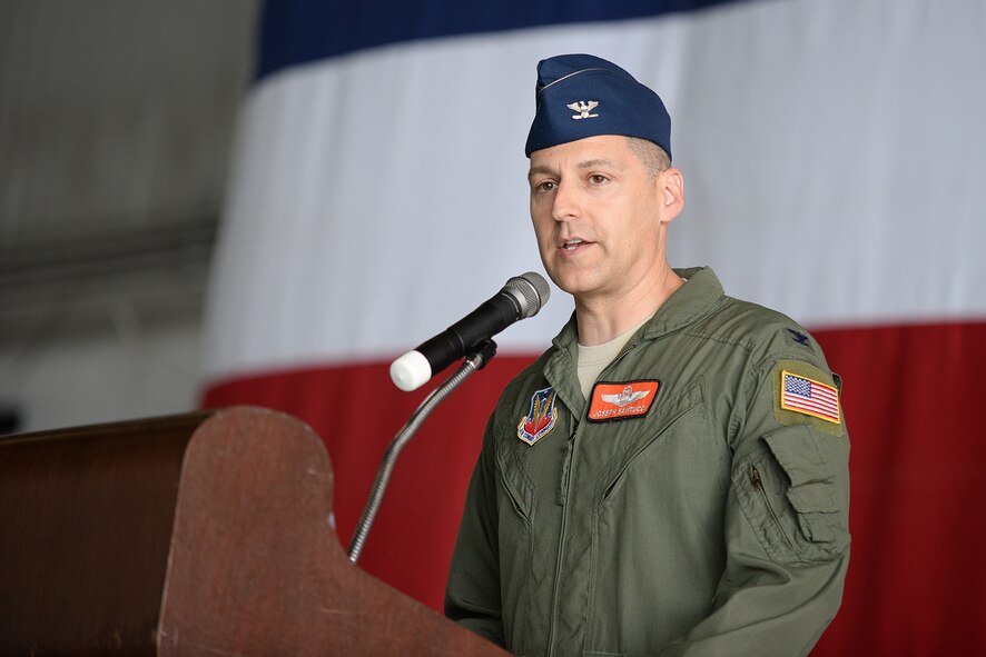 Col. Joseph Santucci provides remarks following the 55th Operations Group change of command ceremony July 15 at Offutt Air Force Base, Neb. As part of a time-honored military tradition, Santucci was introduced as the new 55th OG commander. (U.S. Air Force photo by Zachary Hada/released)