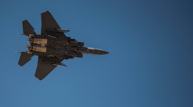 An F-15E Strike Eagle takes off from Mountain Home Air Force Base, Idaho, July 19, 2016. Various aircraft such as the F/A-18 Hornets from Marine Corps Air Station Miramar, California and a KC-10 from Travis Air Force Base participated in the multi-national exercise, Gunfighter Flag. (U.S. Air Force photo by Airman Alaysia Berry/RELEASED)