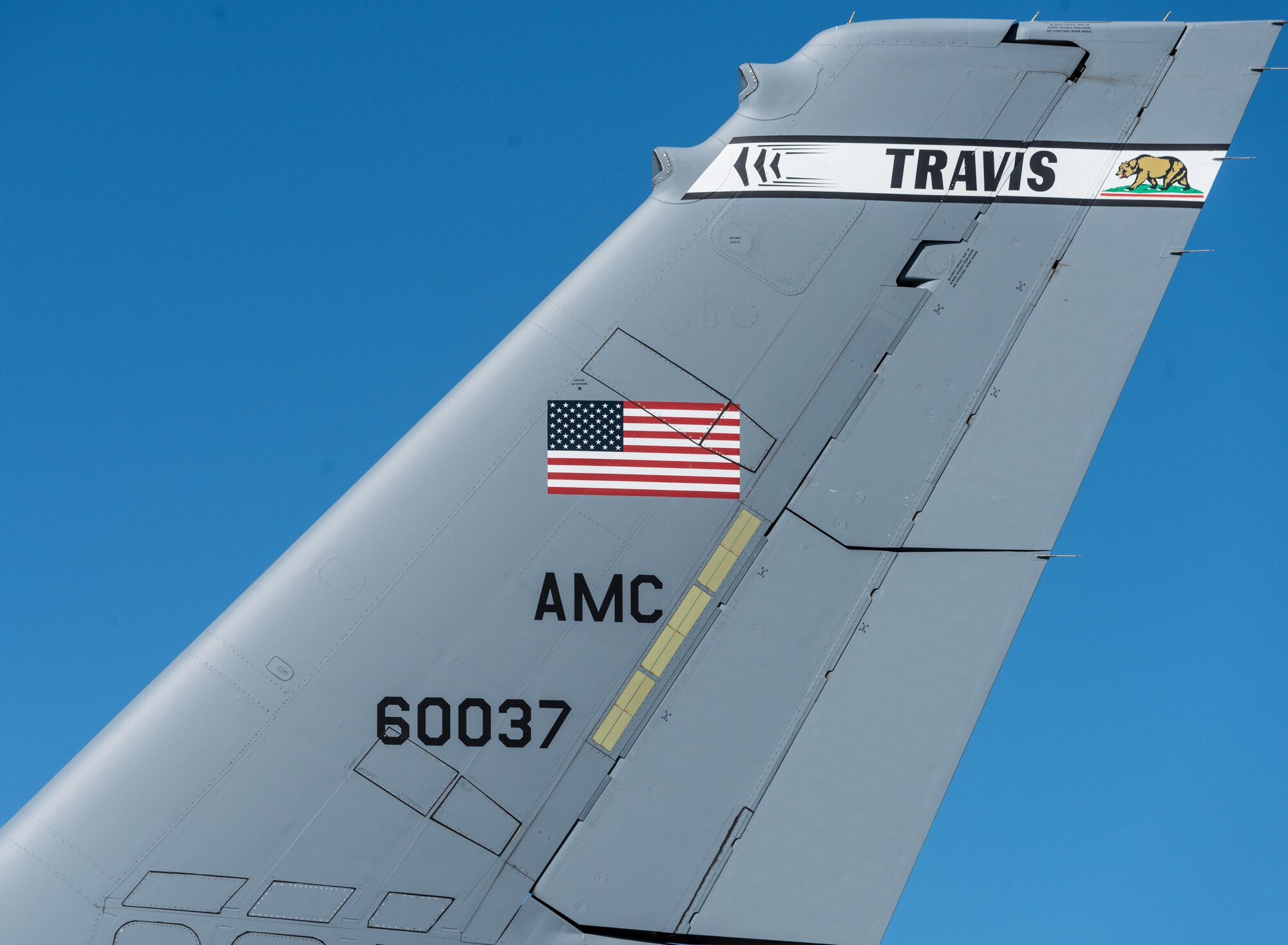 The American flag sits proudly on the tail of a KC-10 Extender at Mountain Home Air Force Base, Idaho, July 20, 2016. The aircraft and its crew participated in Gunfighter Flag 16-3, a multi-national exercise held quarterly at Mountain Home AFB. (U.S. Air Force photo by Senior Airman Connor J. Marth/RELEASED)