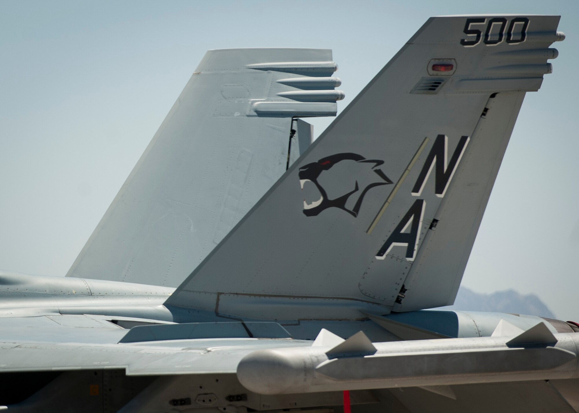 An Navy EA-18G from Naval Air Station Whidbey Island, Washington, sits idly on the Nellis flightline before taking off for a training sortie during Red Flag 16-3 July 14. NAS Whidbey Island is the premier naval aviation installation in the Pacific Northwest and is home to all of Navy tactical electronic attack squadrons flying the EA-18G Growler. (U.S. Air Force photo by Senior Airman Jake Carter)