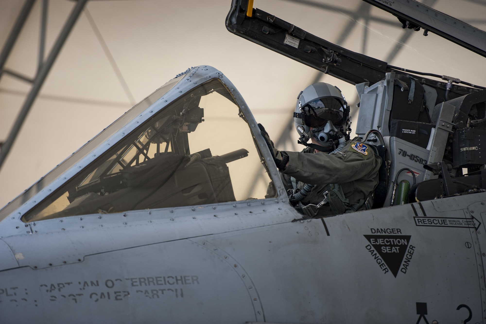 U.S. Air Force Capt. Erik Gonsalves, 75th Fighter Squadron A-10C Thunderbolt II pilot, runs through pre-flight inspections with his crew chief prior to his final flight at the 75th FS, June 27, 2016, at Moody Air Force Base, Ga.  Gonsalves, a Fort Lauderdale, Fla. native, was one of four Airmen selected by the United States Air Force Aerial Demonstration Team, the Thunderbirds. Gonsalves will be flying Thunderbird #8 during the 2017-18 season. (U.S. Air Force photo by Andrea Jenkins/Released)
