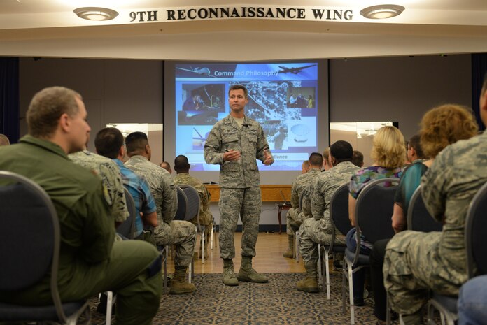 Col. Larry Broadwell, 9th Reconnaissance Wing commander, speaks to Team Beale during a commander’s call July 22, 2016, at Beale Air Force Base, California. Broadwell recently assumed command of the 9th RW and took the opportunity to meet with Airmen and provide his views and expectations of Beale Airmen. (U.S. Air Force photo by Senior Airman Ramon A. Adelan)