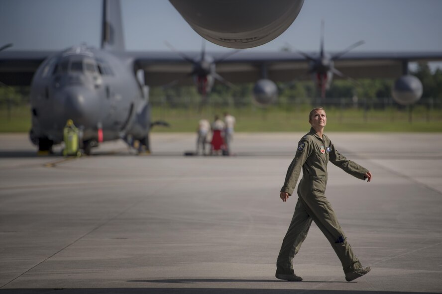 U.S. Air Force Capt. Christy Wise, 71st Rescue Squadron pilot, checks the wing of an HC-130J Combat King II during pre-flight checks, July 22, 2016, at Moody Air Force Base, Ga. Wise is the sixth Air Force pilot to return to the cockpit after becoming an amputee. (U.S. Air Force Photo by Senior Airman Ryan Callaghan)
