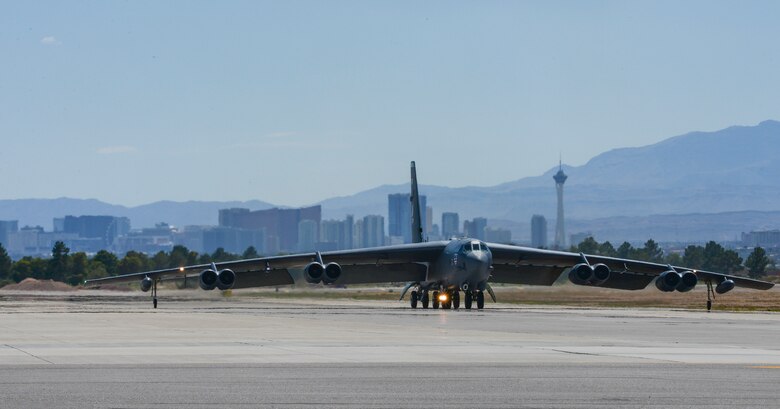 A B-52 Stratofortress, 96th Bomb Squadron, Barksdale Air Force Base, La., taxis before takeoff during Red Flag 16-3 at Nellis Air Force Base, Nev., July 18, 2016.  Red Flag is a realistic combat exercise involving training operations on the 15,000 square mile Nevada Test and Training Range. (U.S. Air Force photo by Senior Airman Kristin High/Released)