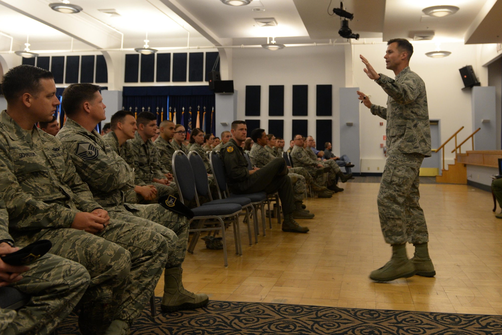 Col. Larry Broadwell, 9th Reconnaissance Wing commander, speaks to Team Beale during a commander’s call July 22, 2016, at Beale Air Force Base, California. Broadwell took this opportunity to meet with Airmen and share his vision for the 9th RW and the future of the high-altitude intelligence, surveillance and reconnaissance. (U.S. Air Force photo by Senior Airman Ramon A. Adelan)