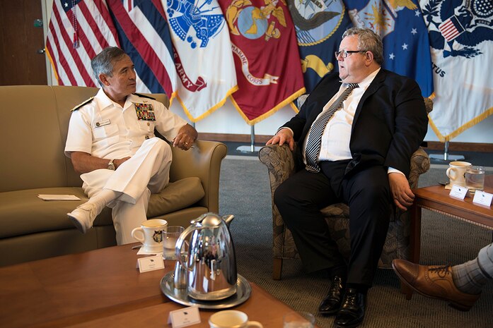 (July 22, 2016) -  Commander of U.S. Pacific Command (USPACOM), Adm. Harry B. Harris Jr., right, meets with New Zealand Minister of Defense Gerry Brownlee at USPACOM headquarters during Brownlee's visit here. Harris met with Brownlee at the USPACOM headquarters to discuss the security environment in the Indo-Asia-Pacific and planned ongoing activities in the USPACOM area of responsibility, including the United States Government's plan to conduct its first U.S. Navy ship visit to New Zealand in over three decades as part of the International Fleet Review associated with the Royal New Zealand Navy's 75th anniversary celebration in November 2016. (DoD photo by Chief Mass Communication Specialist Patrick Dille) 