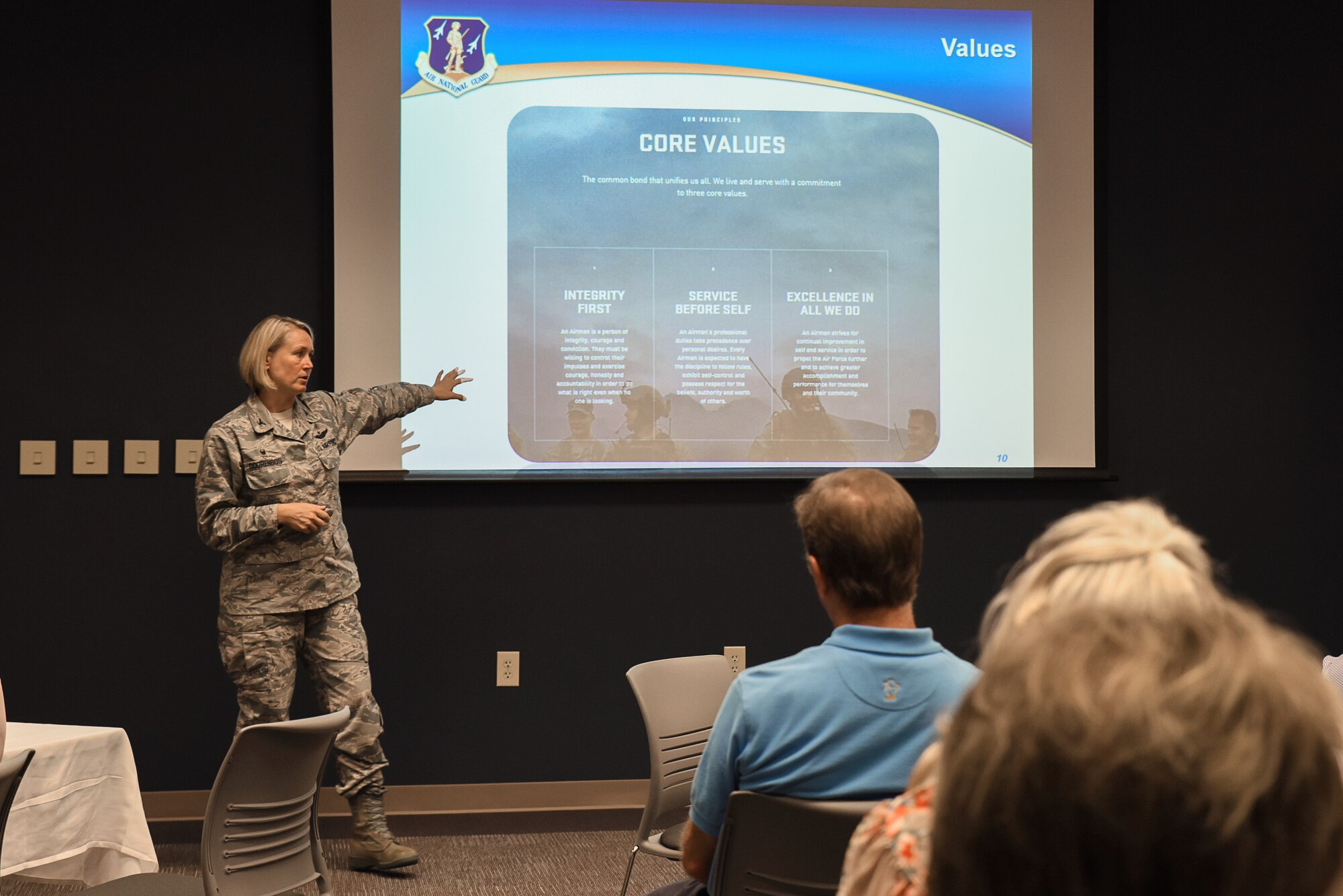 Col. Bobbi J. Doorenbos, 188th Wing commander, gives a presentation on leadership at the multi-generation family enterprise breakfast July 19, 2016, at the University of Arkansas-Fort Smith. The UAFS School of Business hosts quarterly meetings to help local enterprises gain insight on how to better manage their companies.  Doorenbos explained how the Air National Guard creates leaders and establishes career progression for Airmen that civilian companies could emulate to further increase productivity and development. (U.S. Air National Guard photo by Senior Airman Matthew Matlock)